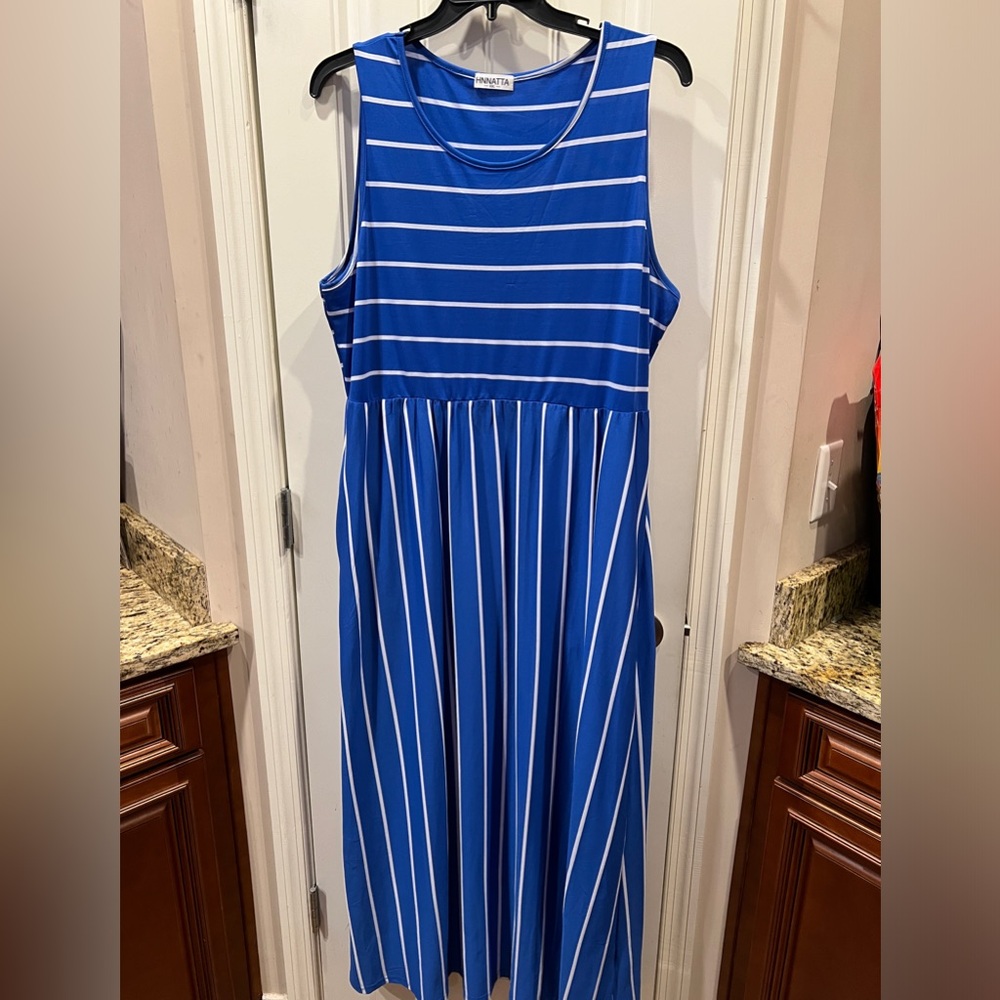 HNNATTA Blue White Striped Sleeveless Maxi Dress W Pockets Sz XXL 2x